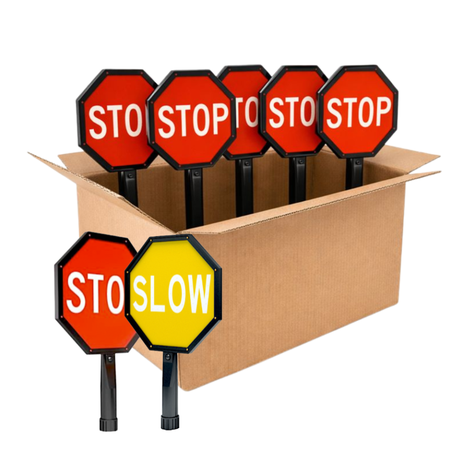 Bundle of 5 - Stop/Slow 12" Flashing Hand Held Dual Sign Paddle