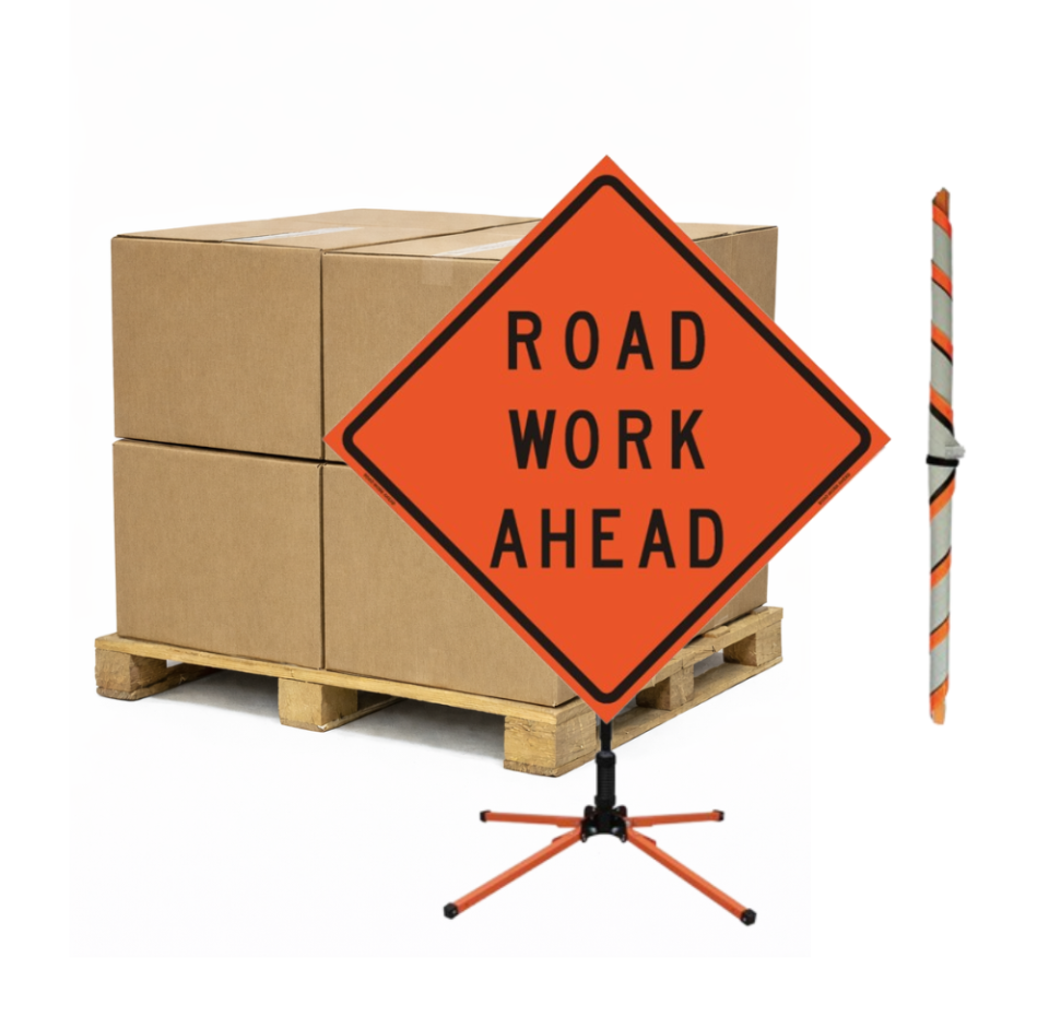 Quantity 5 - Bulk Pallet Pricing "Road Work Ahead" Roll-Up Traffic Signs
