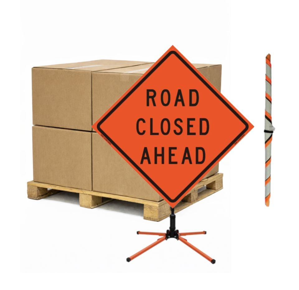 Quantity 5 - Bulk Pallet Pricing "Road Closed Ahead" Roll-Up Traffic Signs